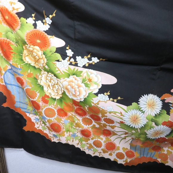 Japanese Kimono Silk Houmongi Vintage Black Multi Floral Copper Metallic 62 inch - Picture 15 of 16